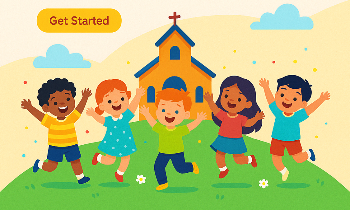 Happy children jumping with joy in front of a church