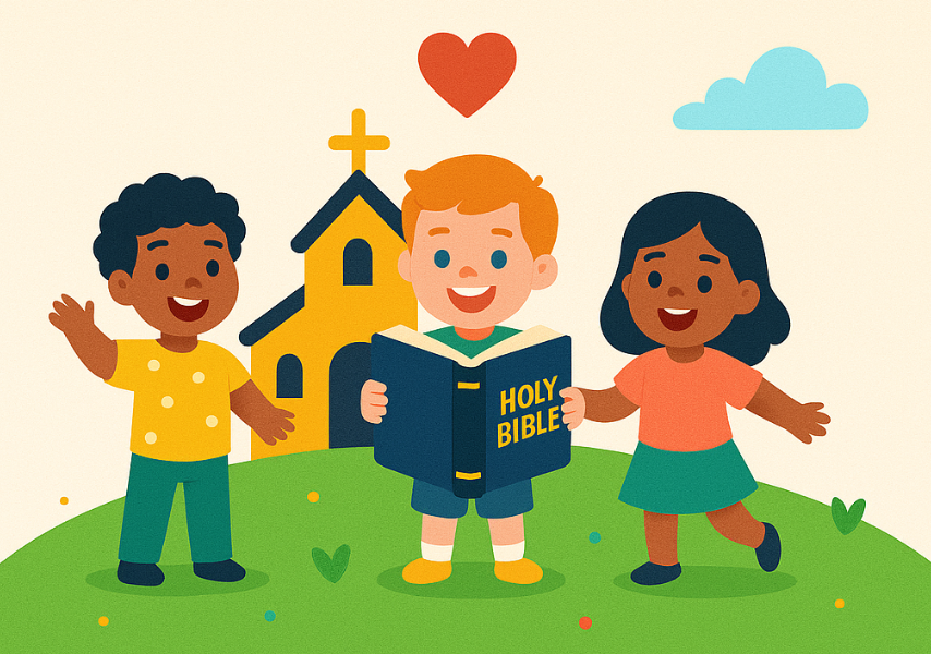 Happy children with church in background